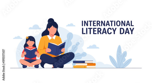 International Literacy Day Illustration: Mother and Child Reading Together for Global Education and Literacy Promotion Banner