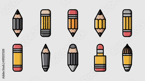 A collection of colorful cartoon style pencils and erasers are displayed in a grid pattern showcasing various designs and orientations high quality professional detailed modern elegant