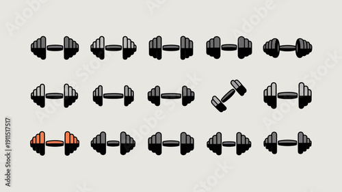 A collection of stylized dark grey dumbbells are arranged in rows with one orange dumbbell standing out visually high quality professional detailed modern elegant stylish clean