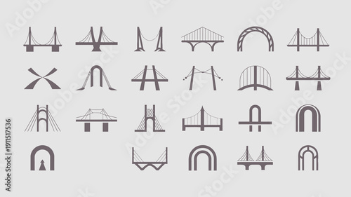 An array of minimalist line drawings depicts various bridge structures showcasing architectural designs in shades of gray and blue high quality professional detailed modern elegant stylish