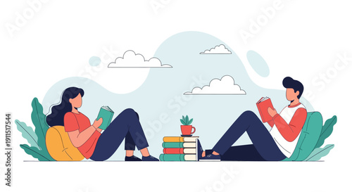 Flat Vector Illustration of Man and Woman Reading Books Outdoors, Relaxing in Nature. Leisure, Education, and Literacy Concept.