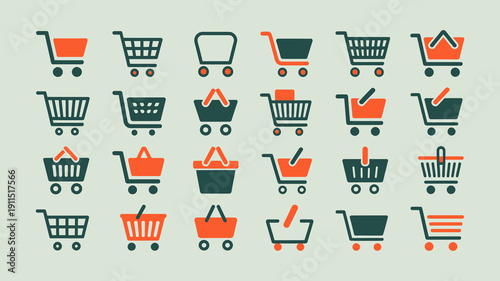 A collection of flat design shopping cart icons in varying styles and colors arranged in a grid like pattern on a pale green background high quality