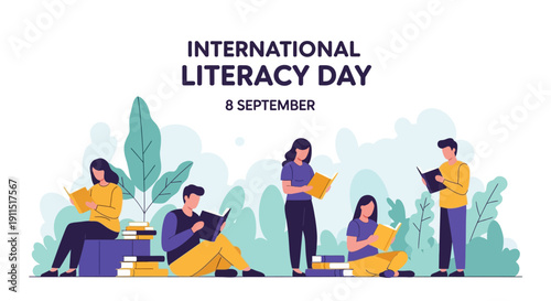 International Literacy Day - 8 September. People reading books in park setting. Vector illustration for global education and knowledge promotion.