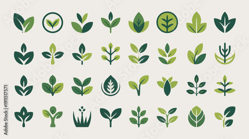 A collection of diverse stylized green leaf icons and botanical elements are arranged in a grid on a plain light background high quality professional detailed modern