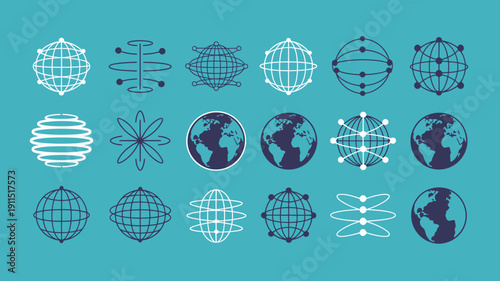 A collection of abstract geometric shapes and representations of earth arranged in a grid like pattern on a teal background high quality professional detailed modern elegant