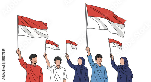 Diverse Indonesian Youth Holding Waving Flags Celebration Illustration. Nationalism, Patriotism, and Unity for Hari Kemerdekaan.