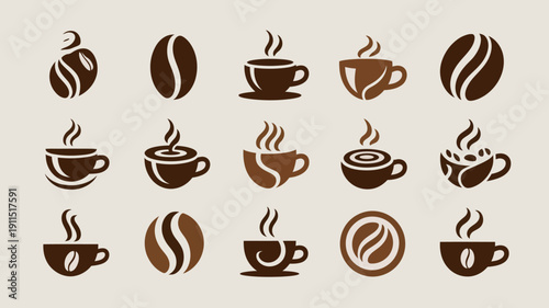 A collection of stylized coffee bean and cup illustrations in various shades of brown arranged in a grid like pattern high quality professional detailed modern elegant