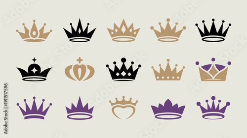 An assortment of crowns in varying colors and styles are displayed against a pale neutral background showcasing regal symbols high quality professional detailed modern elegant stylish