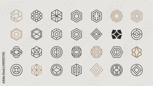 An array of geometric designs showcases various intricate patterns primarily utilizing hexagonal and circular shapes in muted brown tones high quality professional detailed modern elegant stylish
