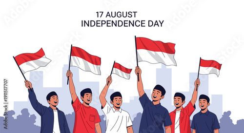 Indonesian Independence Day Celebration Vector. Group of Happy People Waving National Flag (17 August) Against City Skyline Backdrop.