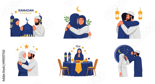 Muslim Couple Celebrating Ramadan and Eid Mubarak with Hugs, Traditional Greetings, Iftar Dinner, and Prayer. Islamic Vector Illustration Set.