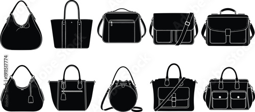 Handbag and shoulder bag silhouette collection featuring modern tote, messenger and fashion purse designs isolated on white backgroundPrint