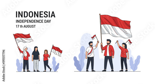 Indonesia Independence Day (17th August) Celebration: Diverse Patriotic People Waving the National Red and White Flag