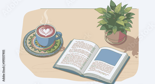 Open book with coffee and plant.