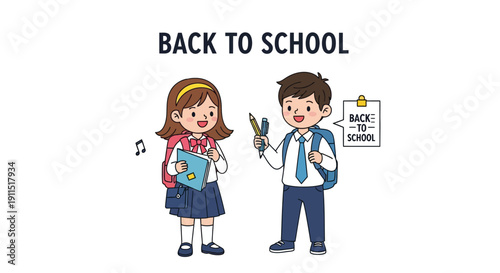 Back to School Illustration: Happy Kids, Boy and Girl Students in Uniform with Backpacks. Cute Cartoon Vector for Education.