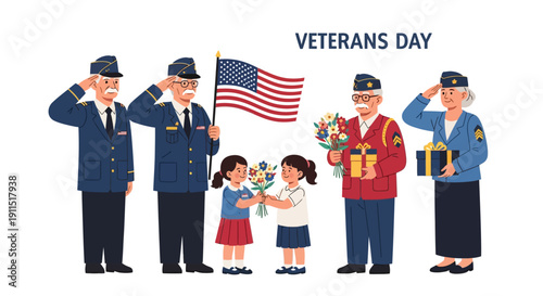 Veterans Day Celebration: American Veterans and Children with US Flag, Honoring Service Members in Flat Vector Illustration