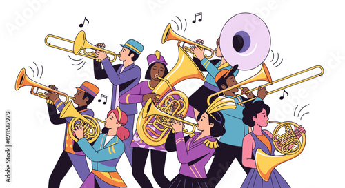 Vibrant Cartoon Musicians Playing Various Instruments.