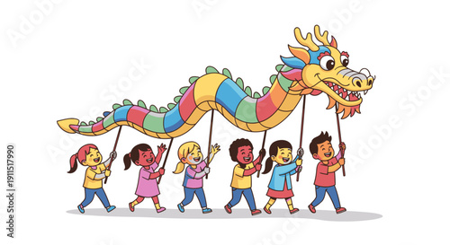 Children Carrying Colorful Dragon Dance Prop.