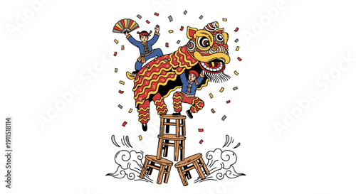 Lion Dance Performance on Ladder.