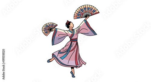 Woman in Traditional Dress Dancing with Fans.