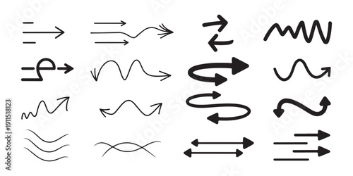 Minimalist hand drawn wavy arrows and squiggly line collection for creative layouts and information graphics