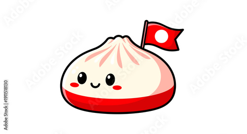 Cartoon Dumpling Character with Red Flag.
