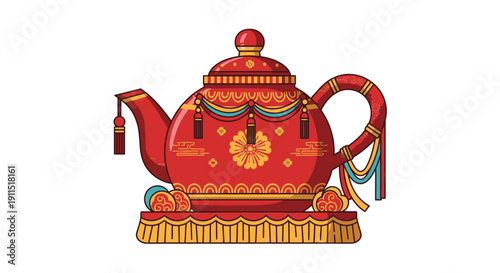 Decorative Red Teapot with Ornate Details.