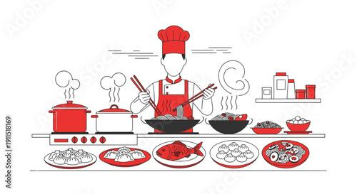 Chef Preparing Food in Kitchen Illustration.