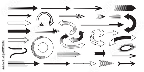 Large collection of diverse vector arrow designs including bold silhouettes and fine line technical sketches