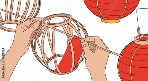 Hands Crafting Red Paper Lanterns with Brush.