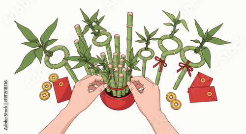 Hands holding potted bamboo plant with decorations.