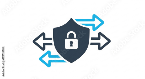 Secure protection shield with padlock and arrows indicating safety and defense against cyber threats and attacks