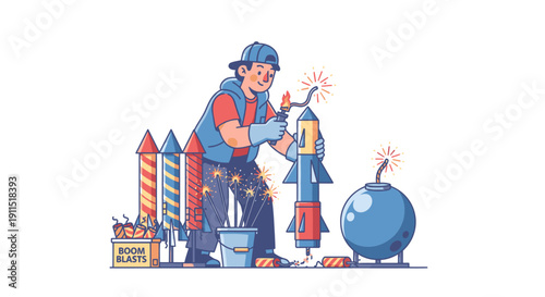 Cartoon Bomb Maker Preparing Explosive Device.