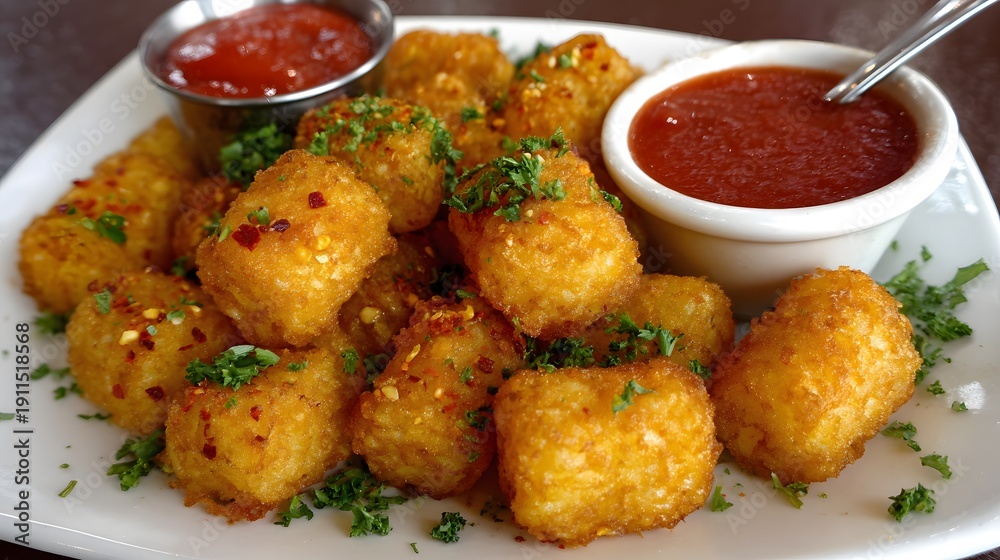 Fototapeta premium Breaded Fried Potato Bites Served With Tomato Sauce high resolution photo