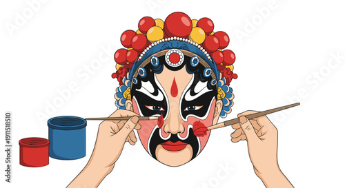 Peking Opera Mask Being Painted by Hands.