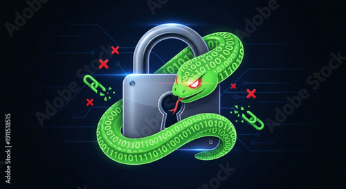 Cyber security concept with green binary code snake wrapped around a padlock on a dark background with red x's and broken links