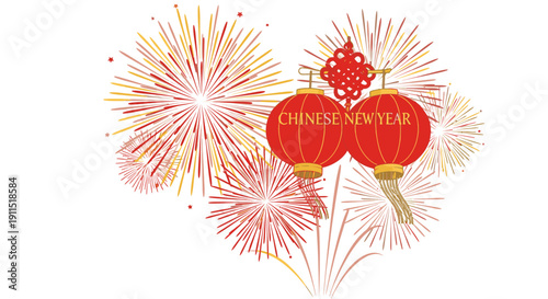 Chinese New Year Fireworks and Lanterns Illustration.