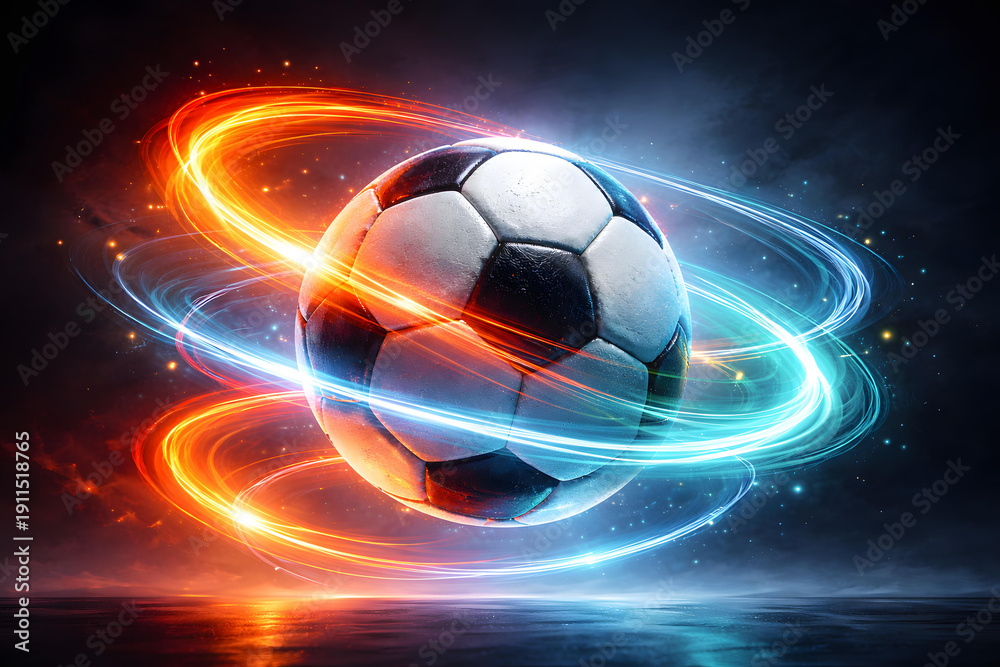 Fototapeta premium Football with Orange and Blue Energy Orbit Motion