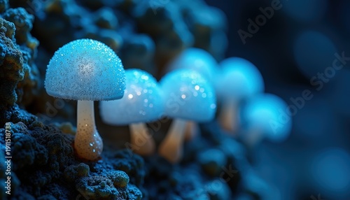 Close up of glowing white mushrooms with shimmering caps on a dark textured surface with blue ambient light and bokeh