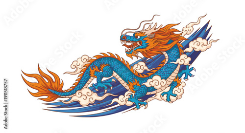 Vibrant Blue Dragon Illustration with Flames.