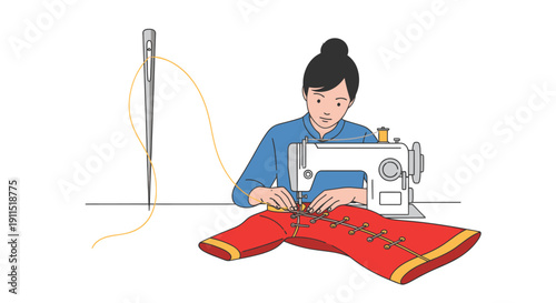 Woman Sewing Red Fabric on Machine.