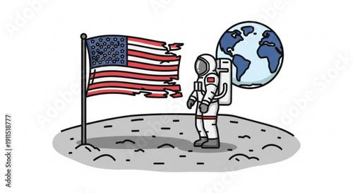 Astronaut in white spacesuit stands on moon surface with american flag and earth globe