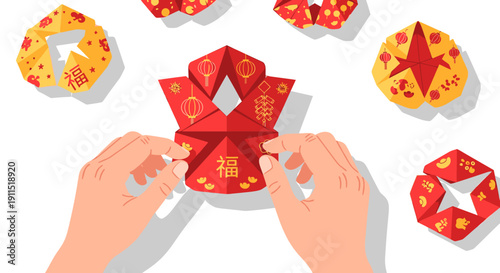 Hands Folding Red Paper Lotus Flower Origami.