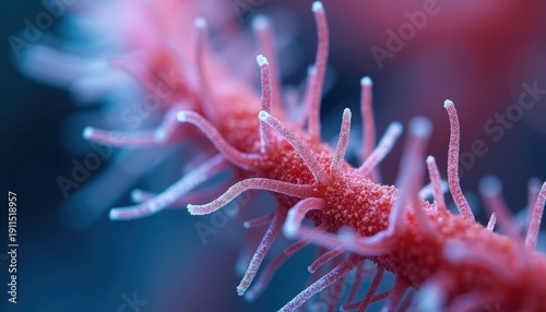 Extreme Close Up Of A Vibrant Pink Coral Branch With Tiny Tentacles Extending Into A Blurred Deep Blue Ocean Background