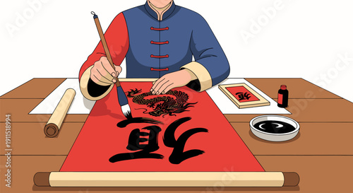 Calligrapher Writing Chinese Characters with Brush.