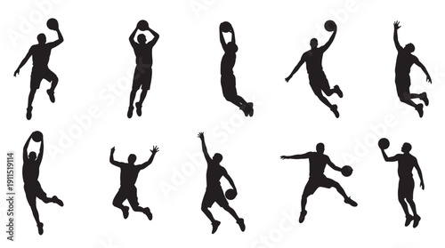 ten black silhouettes of basketball players in various 