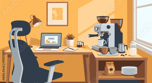 Coffee Machine and Laptop on Desk.