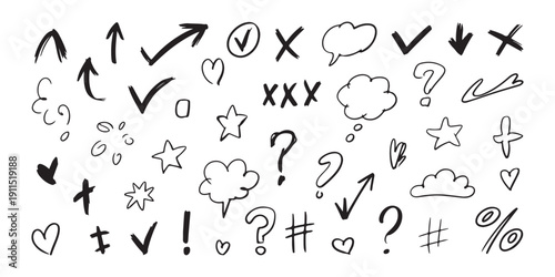 Black ink doodle symbols collection including check marks hearts and question signs on white background vector