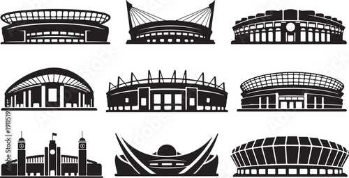 Stadium and sports venue silhouettes in black and white