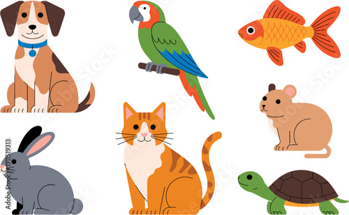 Large collection of colorful flat vector domestic pets featuring ginger cat, beagle dog, parrot and hamster on white.